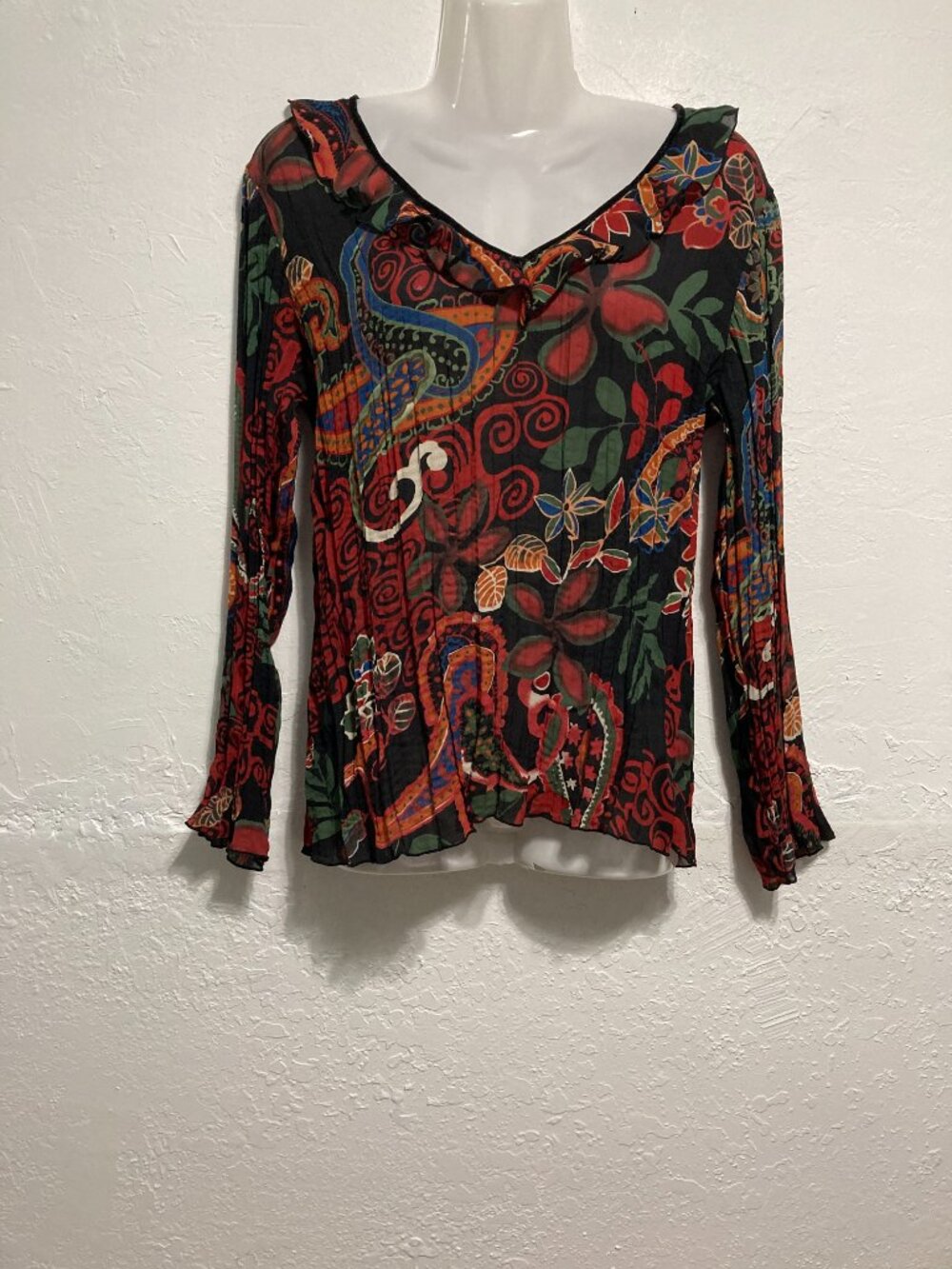 Y2K Cato Ruffle V Neck Top Crinkle Long Sleeve Boho Whimsigoth Sheer Floral M